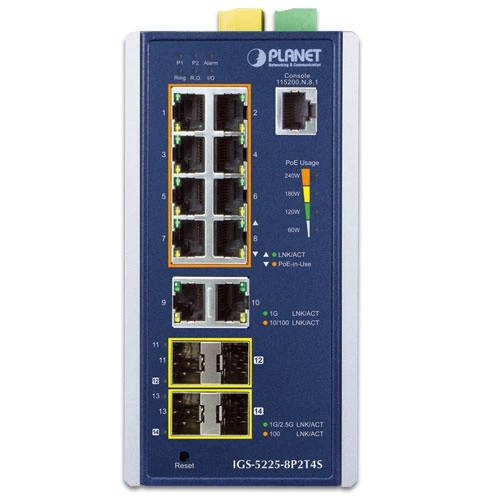 Síťový přepínač Planet IGS-5225-8P2T4S 10x 1Gb 4x SFP 240 W PoE+